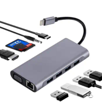 USB To HDMI Type-c Docking Station 11 in 1 VGA+PD Rj45 11 in 1 Expander Hub Silver Grey Usb-c Docking Station DP Alt Mode