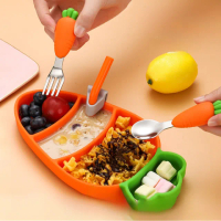 【一體成型】紅蘿蔔食品級矽膠吸盤式兒童餐具組(可微波 防滑 學習餐具 吸盤碗 分格餐盤 環保 分隔)