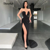 Thinyfull Black Prom Gowns Pleat V Neck Mermaid Evening Dress High Side Slit Strapless Sweep Train Evening Party Gowns 2023