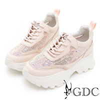 GDC-夢幻甜心蕾絲水鑽綁帶簍空老爹厚底真皮拼接休閒鞋-粉色