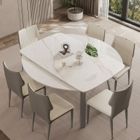 桌子 巖板餐桌伸縮家用小戶型變形桌白色亮光巖板6人橢圓形餐桌椅組合