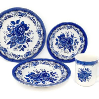 TUDOR ROYAL 24-Piece Porcelain Round Dinnerware Set, Service for 6, VICTORIA BLUE Design, Blue Floral, Plates Bowls Mugs Dishes,
