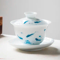 Hand Painted Gaiwan Cup White Porcelain Single Blue Kung Fu Tea Set Drinking Brewing Chinese Style Antique Home Office 150ml
