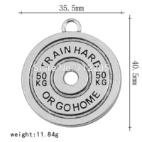 Fitness Weightlifting Gym antique silver plated Sporty Round " Train Hard or Go Home " Barbell 50KG Weight Plate Charms