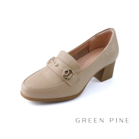 GREEN PINE頂級牛皮馬銜扣樂福粗跟鞋奶茶(00312611)