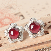 親寶水晶真正的玻璃體玫紅石榴石耳釘女款  S925銀托簡約時尚耳環