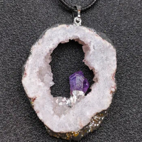 Natural Quartz Geode Druzy Pendant Agate Slice Inlaid Amethyst with Silver Plated Edge Healing Crystal Necklace Jewelry Gift