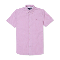TOMMY 熱銷刺繡Logo短袖襯衫-粉白直條紋色