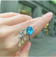 原創設計仿真海藍寶戒指女食指戒指女個性潮人鑲嵌歐美爆閃