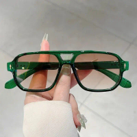 Vintage Double Bridges Men Square Fashion Green Ocean Lens UV400 Eyewear Women Trending Rivets Sun G