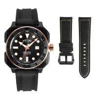 【ROMAGO】黑框 黑面 300米潛水錶 機械腕錶 黑色矽膠錶帶 【贈皮革錶帶+上鍊盒】(RM109-BKBK)