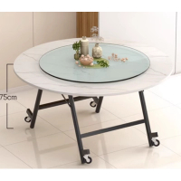 可移動折疊玻璃轉盤圓形餐桌(白理石紋)(尺寸:1.6米圓桌+1.1米轉盤，高75CM)