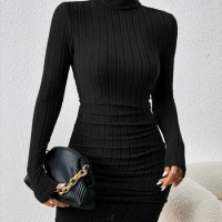 Autumn Black Mini Dress For Women Solid Long Sleeves Turtleneck Sexy Bodycon Sheath Dress Club Elegant Party Dresses Pullover