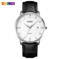 Jam Tangan Analog Pria Strap Kulit - 1801 - Silver Black