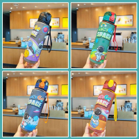 Botol air kanak-kanak comel 650 ml, cawan plastik kartun dengan pemegang straw, hadiah hari jadi unt