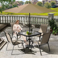 Outdoor Dining Set of 5, Patio Table and Chairs Set, Textured Glass Tabletop, 4 Stackable Patio Chairs, Patio Furniture