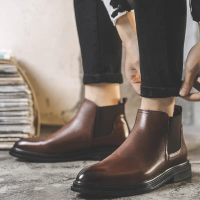 Giày Chelsea Boots Cổ Lửng Màu Nâu Tibas, Chelsea Boot Da Bò Nguyên Tấm Đế Cao Su Tăng Chiều Cao