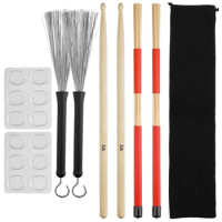 Drum Sticks Set,5A Maple Wood Drum Sticks,Drum Rods Brushes,Retractable Drum Wire Brushes,Drum Dampeners With Bag