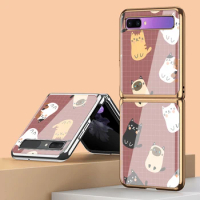 Z Flip 3 Funda Case for Samsung Galaxy Z Flip 3 Z Fold 3 Cartoon Lattice Kitten Cat Plating Tempered Glass Phone Case Cover