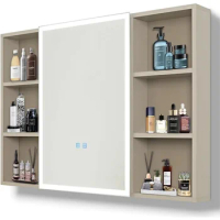 Bathroom Cabinet, Wall Mounted Mirror Cabinet With Mirror Door And 6 Open Shelves, Khaki Aluminum Frame Bathroom Wall Cabinet