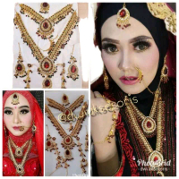 Kalung Set Pengantin India Aksesoris India Mewah Elegan Hadiah Cincin Perhiasan Liontin
