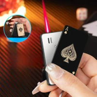 Personality Metal Red Flame Playing Card Unusual Torch Turbine Butane No Gas Lighter Windproof Outdoor Gift for Men