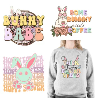 Cute Easter Bunny Babe Design He is Risen DTF Printing Best Wishes Hip Hop Easter Patches Iron on Decals Transfers for Shirts