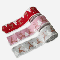 Classic Christmas DIY Fabric Swirl Ribbon Elk Print With Wired Edge Gift Wrapping Christmas Tree Ribbon Wreath Bows