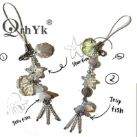 Cute Phone Charm Strap Summer Ocean Style Seashell Jelly Fish Pendant Key Strap Lanyard Girl Woman Bag Keychain Keycord