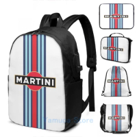 Funny Graphic print Martini Racing stripe USB Charge Backpack men School bags Women bag Travel laptop bag