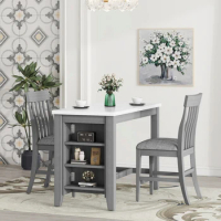 3-piece Counter Height Dining Table Set with Built-in Storage Shelves, One Faux Marble Top, 2 counter chairs with footrest,Grey