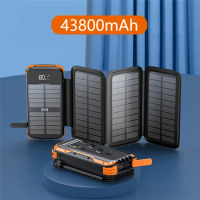 Solar Power Bank 43800mAh Qi Wireless Charger External Battery for iPhone Xiaomi Huawei Powerbank Built Cables Solar Panel Light