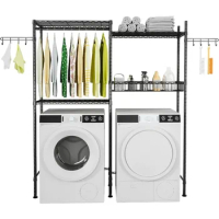 Laundry room bathroom towel storage rack above washer and dryer with adjustable shelves, wire basket and swivel hooks