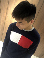 美國百分百【Tommy Hilfiger】針織衫 TH 線衫 毛衣 圓領 學院風 深藍色 logo XS號 J233