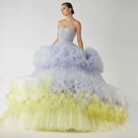 Light Purple Starpless Lush Tulle Ball Gown Fluffy Blue &amp; Yellow Evening Dresses Puffy Wedding Dress With Train Elegant Gowns