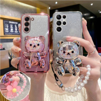 S 23 24 s21 Flower Strap Bear Phone Holder Case On For Samsung Galaxy S23 S22 S21 S20 S24 Plus FE note 10 20 Stand Cover s23plus