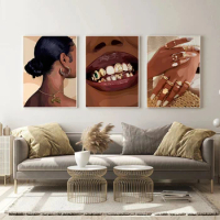 Black Woman Boho Poster Fashion Female Art Print Gold Jewelry Girl Canvas Painting Modern Wall Picture Living Room Bedroom Decor