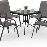 Outdoor Dining Set of 5 Patio Table and Chairs Set Textured Glass Tabletop 4 Stackable Patio Chairs Patio Furniture
