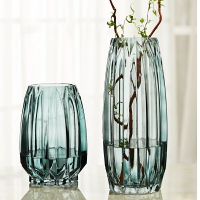 簡約豎棱玻璃花瓶創意彩色透明百合花器客廳大號水養插花花瓶擺件