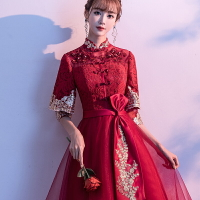 中式結婚旗袍敬酒服2022新款夏季長袖酒紅色小子秀禾服新娘禮服