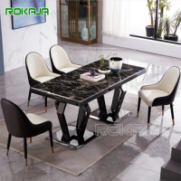 Blooming Flowers Design Dinner table Household Marble Top Rectangular Black Stainless Steel Frame Dining Table Set