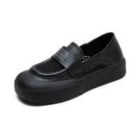 【Vecchio】真皮樂福鞋 寬楦樂福鞋/真皮頭層牛皮透氣網面拼接寬楦舒適樂福鞋(黑)
