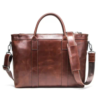 Cowhide men's business briefcase can hold 12.9 inch laptop bag
