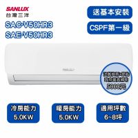 【家電速配 SANLUX 台灣三洋】R32經典型 6-8坪 一級變頻冷暖分離式冷氣 SAE-V50HR3/SAC-V50HR3