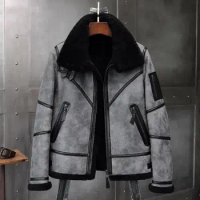 2019 New Mens Gray Shearling Jacket B3 Flight Jacket Sheepskin Aviator Winter Coat Fur Bomber Leather Jacket