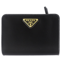 PRADA 三角牌黑色尼龍皮邊翻蓋短夾(5卡/拉鍊夾層)
