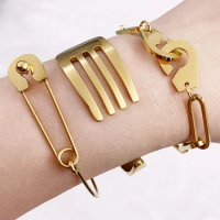 Mavis Hare handcuffs Bangle &amp; tableware fork &amp; Pin Bracelet Bangle Set Stainless Steel Cuff Open Bracelet Bangle for woman