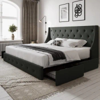 King Size Bed Frame with 4 Storage Drawers and Wingback Headboard, Button Tufted Design, No Box Spring Needed, Dark Grey