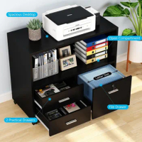 3 Drawer File Cabinet with Lock, Mobile Lateral Filing Cabinet with Rolling Wheels, Printer Stand with Open Storage Shelves