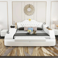 King Size European Bed Frame White Modern Leather Luxury Villa Queen Bed Smart Multifunctional Cama Matrimonial Furniture Home